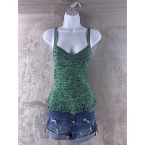 Claudie Pierlot Heathered Knit Top Womens Size 3 Green Stretch Ruched Ruffle